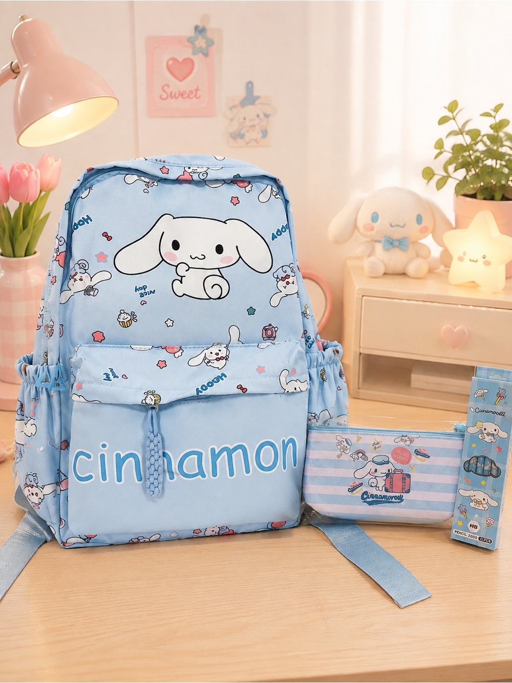 Cinnamoroll Backpack Bundle with Zipper Pouch & Pencils – New